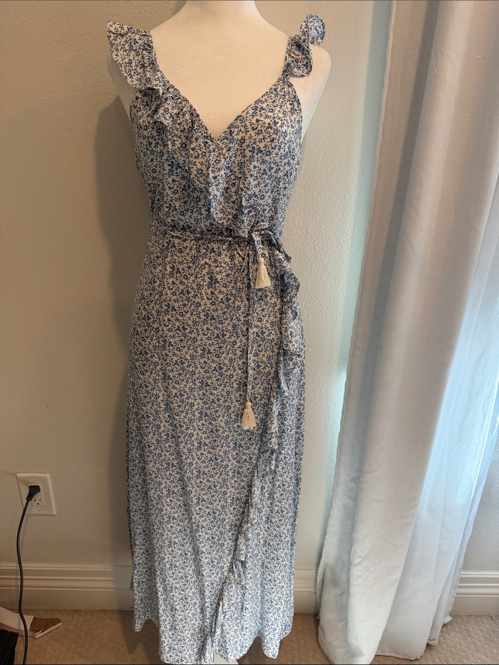Madewell Blue and White Floral Ruffle Strap Maxi Dress with Tassel Tie